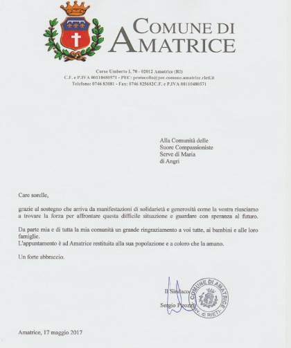 lettera del Comune di Amatrice alle Suore Compassioniste