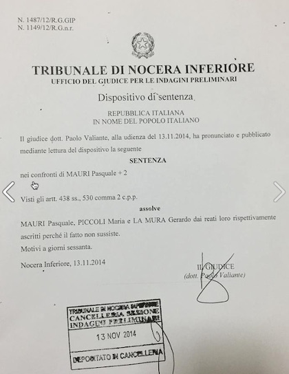la sentenza che assolve Il Sindaco di Angri